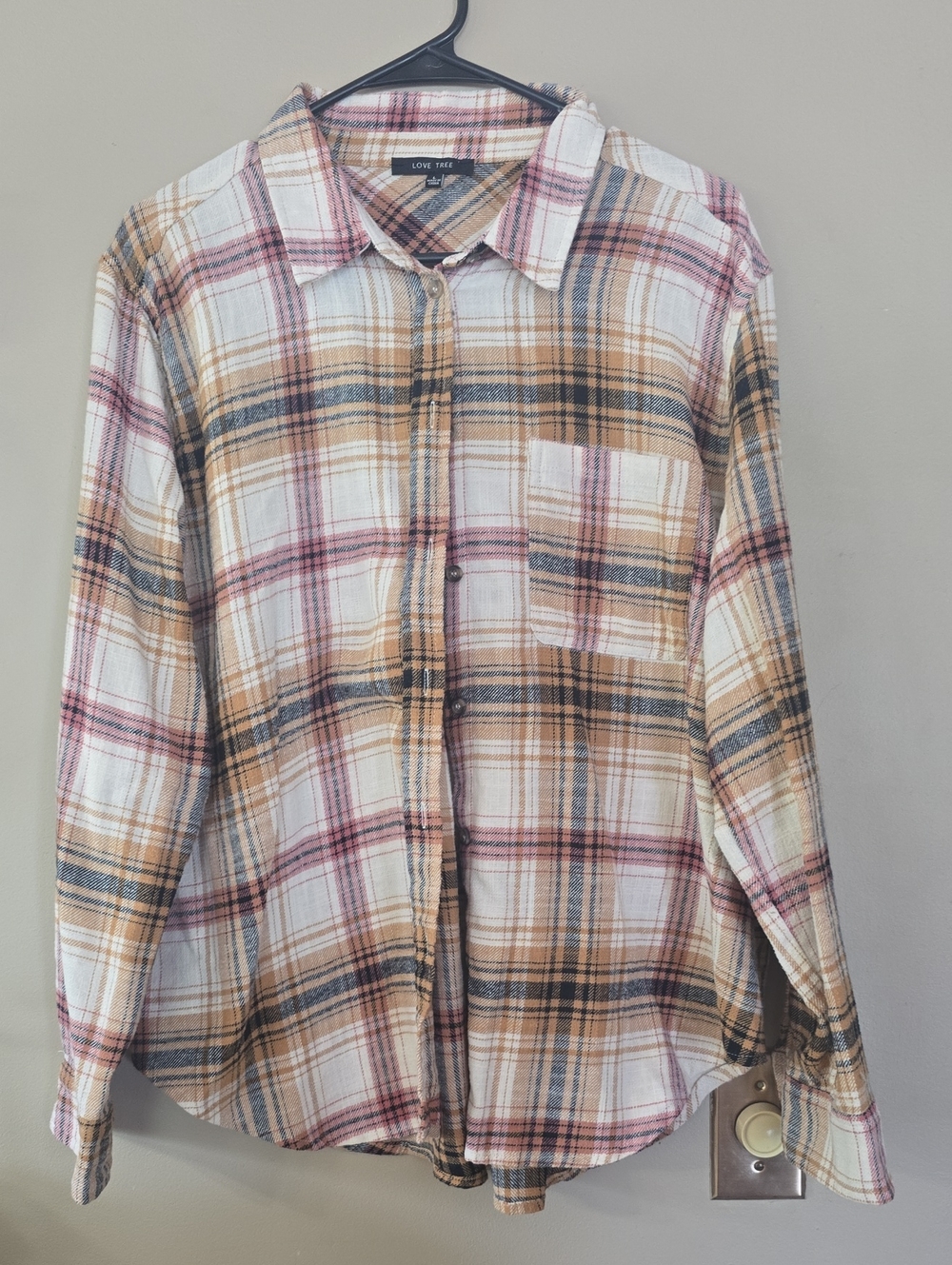 Love Tree Plaid Button-Down Shirt - White, Tan & Pink